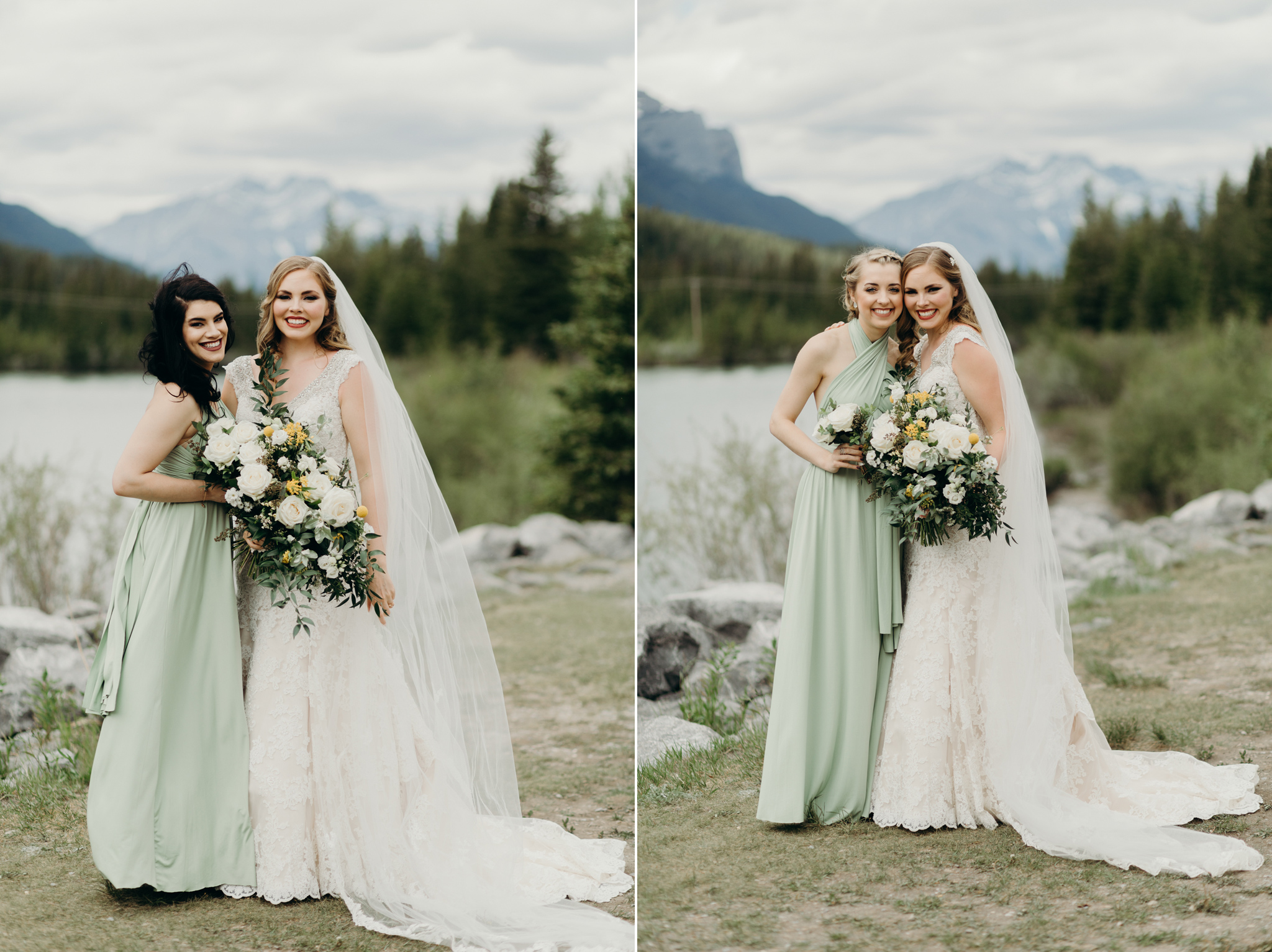 Bride and bridesmaid pose by Bow River Canmore AB smiling destination wedding photographer MN